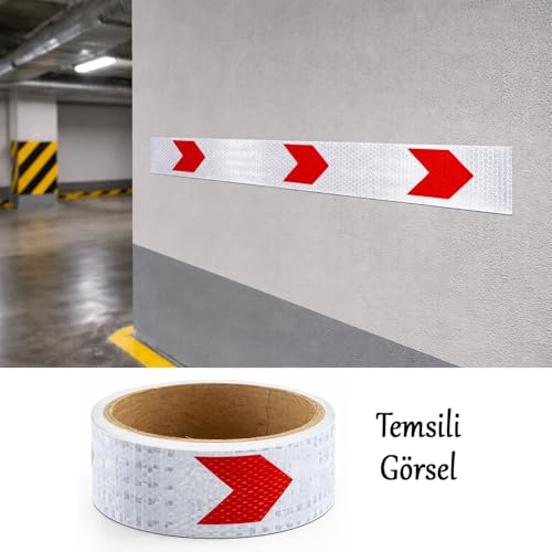 Yapışkanlı En 5 cm (1 Metre) Kırmızı Beyaz Petekli Ok Yönlendirme Reflektörlü Reflektif Şerit Bant