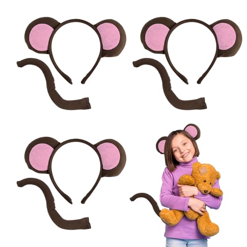 FUIPVGI 6 peças diadema com orelhas de macaco disfarce de cauda macaco, disfarce de macaco animal disfarce conjunto, para adultos crianças Halloween acessórios carnaval festa de cosplay (rosa) (rosa)