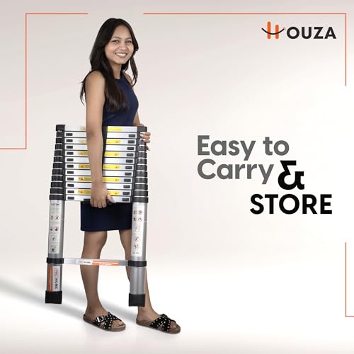 Image of HOUZA Aluminum Telescoping Ladder for Home, 12.5 Ft (3.8m) Foldable Soft-Close Telescopic 13-Step Multi-Purpose Portable Compact Ladder for daily home tasks use safely secure, Industrial & Outdoor Use