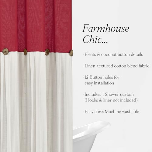 Image of Lush Decor Linen Button Shower Curtain, 72 inch W x 72 inch L, Red & Off White - Red Bathroom Curtain - Fabric Shower Curtains - Farmhouse Bathroom Decor