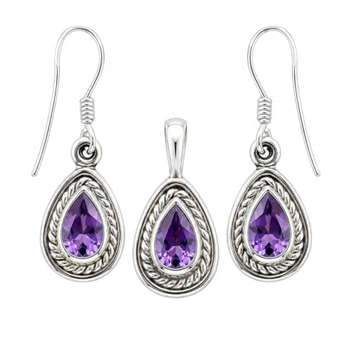 Juego de joyas de piedras preciosas de amatista para mujer con collar y aretes de gema