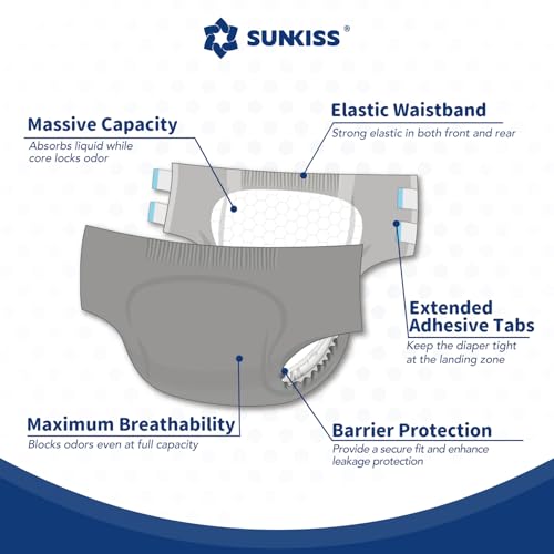 Image of SUNKISS Masterpiece Adult Diapers with Tabs, Unisex Disposable Incontinence Briefs for Women and Men, Odor Control, Grey, S /M, 10 Count (Pack of 2)