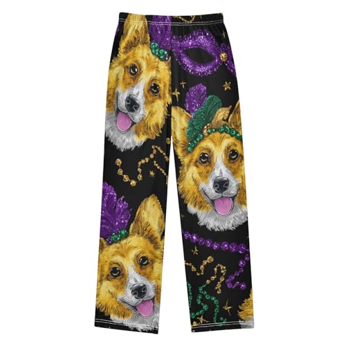 Corgi Dog Mardi Gras Beads Boys Long Pants Soft Trousers Elastic Waist Kids Lounge Bottoms with Pockets S-XL2