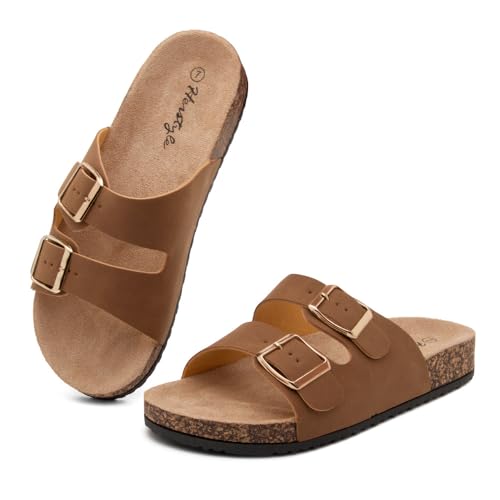 Image of Herstyle Womens Cork Footbed Slides for Women, Double Strap Flat Sandals, Adjustable Buckle Comfort Slip On Shoes, Summer Beach Casual Walking Slippers