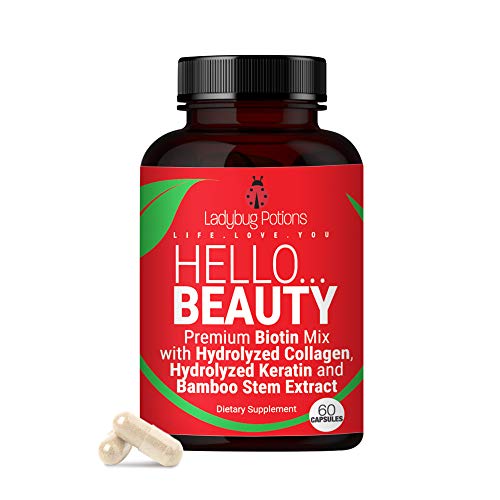 Hello Beauty Hair Skin and Nails Vitamins, Biotin Vitamins for Hair Skin and Nails, Collagen Capsules with Biotin 5000mcg, 60 Capsules - Ladybug Potions