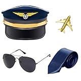 HOVEOX 4 Pieces Airline Pilot Costume Pilot Captain Costume Hat Sunglasses for Men Halloween Party Party (Blue)