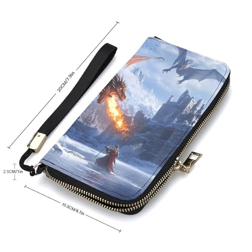 Ice-Covered Knights Dragon Breathing Fire Women's Leather Clutch Wallet with Zip Card Holder Hand Strap Large Capacity2