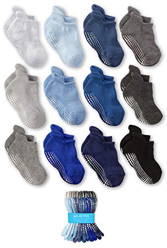 LA Active Baby Toddler Grip Ankle Socks - 12 Pairs - Non Slip/Skid Covered (Boys, 12-36 Months)