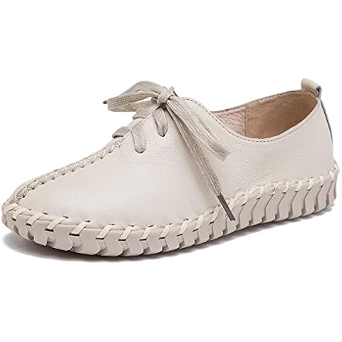 rismart Women's Slip Stitch Lace Up Comfort Casual Leather Trainers Shoes White 6 UK Cover