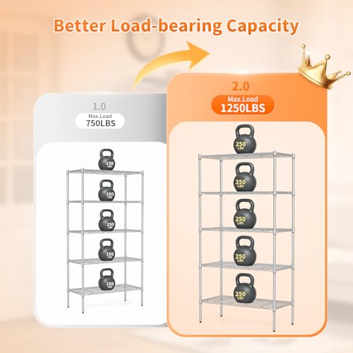 Image of BestOffice | 5-Tier Wire Storage Shelves with Wheels | 14 x 30 x 61 | Chrome | with Adjustable Racks | Heavy-Duty Metal Shelf, Holds Upto 1250 lbs | No-Tool Assembly | Ideal for Home & Garage Shelving
