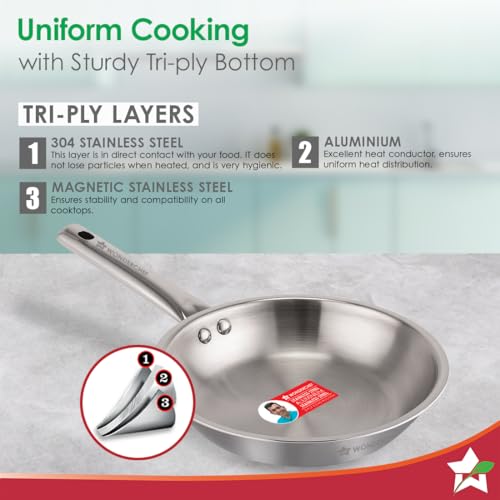 Image of Wonderchef Stella Triply Stainless Steel Cookware Set | 3 Pcs. | Fry Pan 22 cm, Kadhai 22 cm + Lid | for Gas Stove, Induction, Ceramic Cooktop | Uniform Heating | Heavy-Duty Handle | 10-Year Warranty