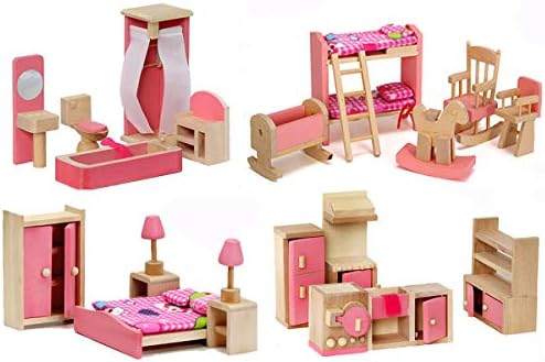 Giraffe 4 Set Pink Wooden Dollhouse Furniture, Miniature Bathroom/ Kid Room/ Bedroom/ Kitchen House Furniture Dollhouse Decoration Pretend Play Kids Children Toy