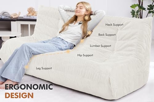 Image of Bean Bag Chair,Giant Beanbag Chairs for Adults,Comfy Large Fireside Chair Lazy Sofa,Corduroy Bean Bag Lounger with Memory Foam Filled,Floor Sofa Couch for Home,Living Room (Beige, 3-Seater)