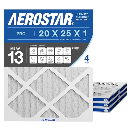 Aerostar 20x25x1 MERV 13 - 4 Count - Pleated HVAC, Furnace & Air Conditioner Filters - Removes Bacteria, Dust, Cold & Flu Germs, Lint, Mold, Pet Dander, Allergy-Causing Pollen, Smog, Smoke & Viruses