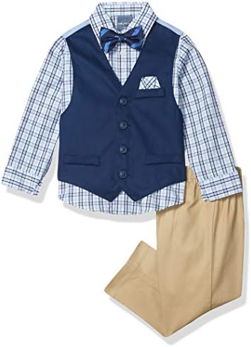Nautica Boys' Little 4-Piece Set with Dress Shirt, Tie, Vest, and Pants, Khaki/Navy