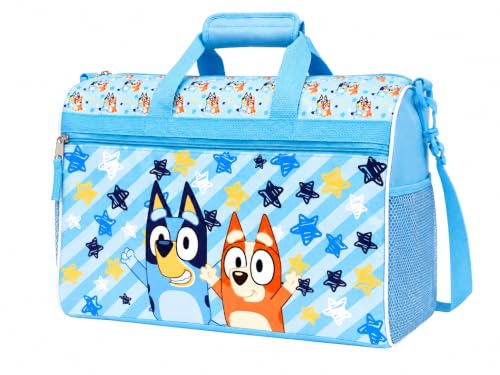 Bluey Kids Duffle Bag Bluey & Bingo Travel Gym Bag with Adjustable Shoulder Strap Mesh Side Pockets & Zipper Pocket
