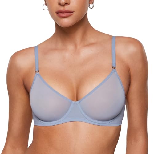INLYRIC Women's Sheer Demi Balconette Bra - Sexy Mesh Unlined Underwire See Through Demi Bras Moonlight Blue - Size Up One Cup 36DD