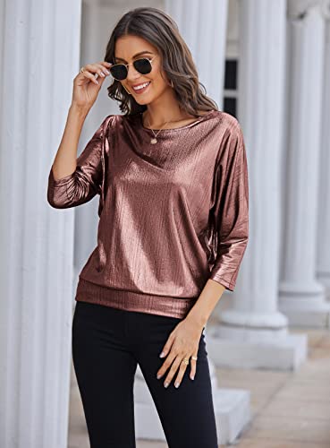 Women Glitter Shiny Metallic T Shirt Cold Shoulder Batwing Dolman Tops Club Party Holiday Sparkle Tunic Blouse Rose Gold L #TOP4