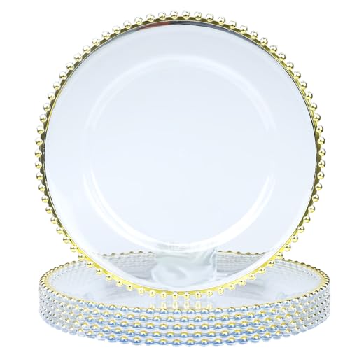 Leemxiiny Clear Charger Plates with Beaded Gold Rim, Plastic Plate Charger for Dinner Plate for Table DéCor, Party, Wedding, Set of 6