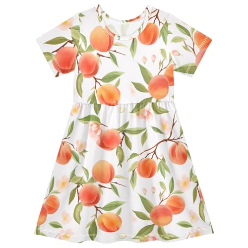 Emelivor Watercolor Peaches Branches Girls Dresses Short Sleeve Skater Dress