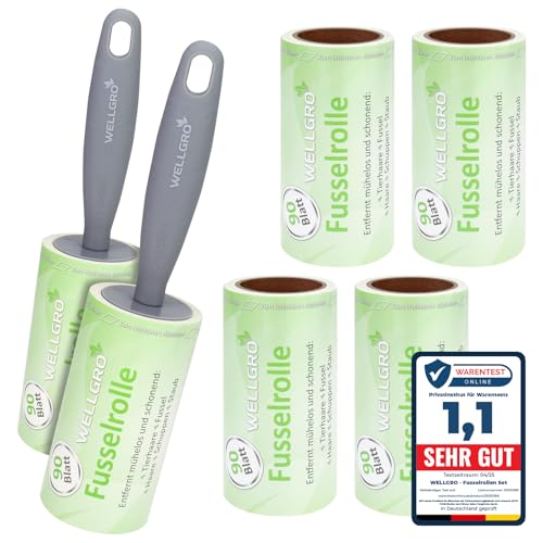 WELLGRO 6er Set Fusselrollen - 6 Rollen mit je 90 Blatt + 2 Abroller, 540 diagonal perforierte Blätter für leichtes Abziehen - Fusselroller