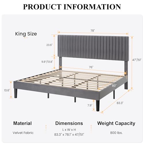 Image of SHA CERLIN King Upholstered Platform Bed Frame with Vertical Channel Tufted Velvet Fabric Adjustable Headboard, Wooden Slats Support, Mattress Foundation, Box Spring Optional, Grey