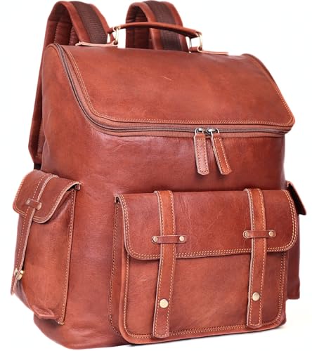 Brown Leather Backpack for Men – 17-inch Genuine Leather Laptop Bag, Vintage Travel Rucksack with Padded Straps, Large Capacity Carry-On for Office, College, Hiking & Airplane Travel