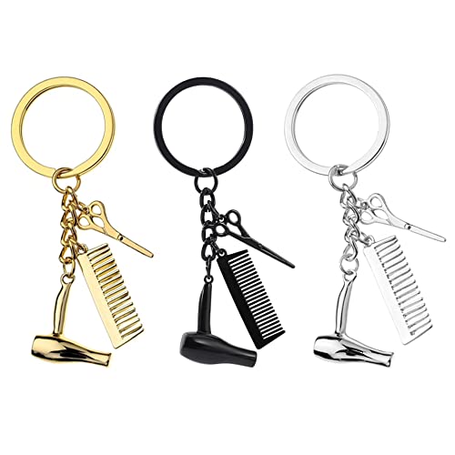 Csirnto Llavero Decorativo 3 Piezas 3 en 1 Secador de Pelo de Moda Tijeras Peine Colgante Llavero Cadena Clave Llavero Creativa 3 En 1 Auto Llavero Regalo para Peluquería Regalo Creativo Cover