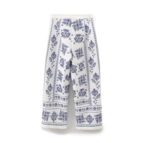 Moroccan Retro Blue Flower Embroidered Casual Pants Trousers Women Fashion Straight Cropped Pants Ladies2
