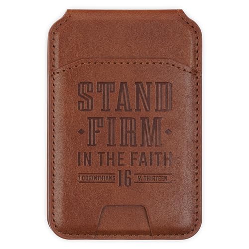 Image of Christian Art Gifts Magnetic Phone Wallet, Stand Firm Bible Verse, Honey Brown Faux Leather, MagSafe Wallet Stand, Snap Closure, 3.9 inch x 2.5 inch