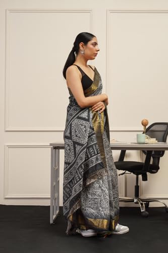 Womanista Women's Women Ready To Wear Saree Ll Women Black Saree Ll Women Cotton Saree Ll Un-Stitched Blouse Saree