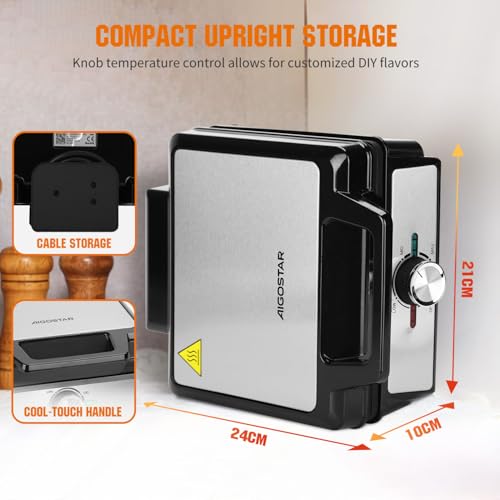 Aigostar Waffle Maker with Deep Fill Anti Spill Plates, 1600W Fast Cooking Waffle Iron with Adjustable Temperature Control, Non-Stick Coating, Cool Touch Handle, Belgian & American Waffles - Savory