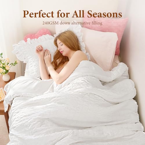 Image of JOLLYVOGUE White Twin /Twin XL Comforter Set, 2 Pieces Seersucker Lightweight Fluffy Bedding Set, Twin Ruffle Comforter, All Season Soft Microfiber Shabby Chic Bed Set