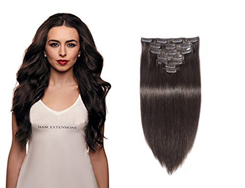 YONNA Remy Human Hair Clip in Extensions Dark Brown #2 Double Weft Long Soft Straight 10 Pieces Thick to Ends Full Head 20inch 200g