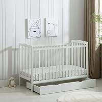 Brooklyn Baby Cot Crib with Water Repellent Mattress & Wheeled Drawer [Grey/Cream White] (Cream White)