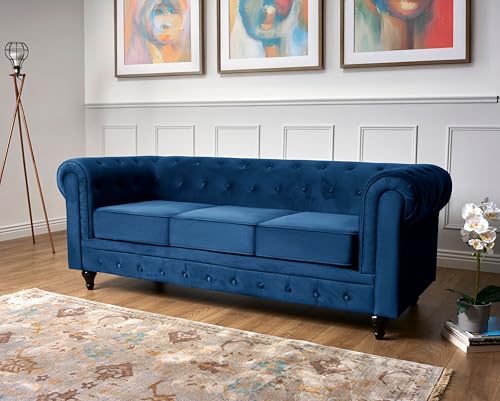 Bravich Velvet Chesterfield Sofa- Blue. 3 Seater Settee, Soft Plush Fabric Couch. Living Room Furniture, Easy Clean. 3 Seater- 209cm x 90cm x 78cm - Image 2