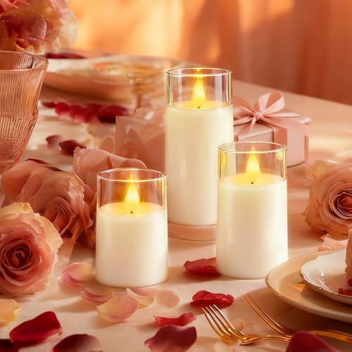 Image of Raycare Battery Operated Flameless Pillar Candles with Remote Timer, White | LED Acrylic Festive Ambience Candle with Realistic Glow for Christmas, Weddings, Mantels, Home Decor, Gift Ideas, Set of 3