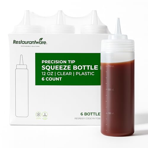 Image of Restaurantware-12 Ounce Squeeze Bottles, 6 Refillable Squirt Bottles - Precision Tip, Wide Mouth, Clear Plastic Sauce Bottles, For Condiments, Dressing, And Sauces