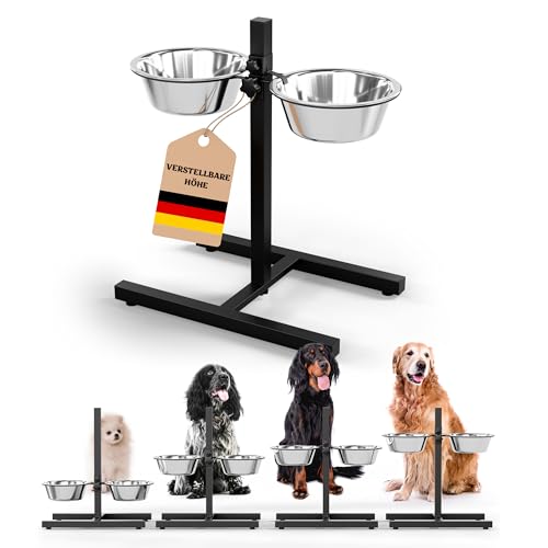 Oramics Hundebar Fressnapf Höhenverstellbar deluxe für Welpen und große Hunde mit zwei Edelstahl-Näpfen als Futternapf und Wasser-Napf