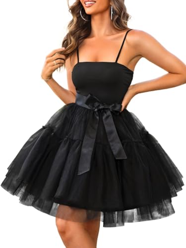 Kaei&Shi Poofy Short Tulle Dress Spaghetti Strap Semi Formal Dresses for Women Elegant Birthday Outfit Homecoming Cocktail Black Medium