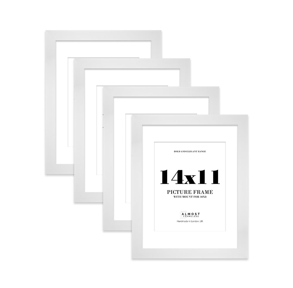 14x11 White Frame With Mount for 10x8 Pictures 28mm Edge Portrait and Landscape Display with Wall Hooks and Kickstand, 4 Pack