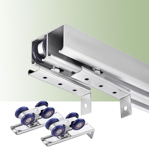 Herrajes para puertas de armario con bypass, sistema de rieles ocultos de aluminio para puertas correderas empotradas en el techo(Silver,5.9ft/180cm)