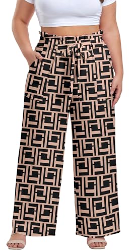 Image of OLRIK Women's Plus Size Pants Adjustable High Waisted Wide Leg Palazzo Pants Casual Trousers with Pockets Spring Clothes