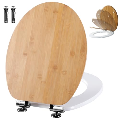 Angel Shield WC-Sitz mit Absenkautomatik Verstellbare Metallscharniere zu Reinigen O-Förmig 45x37 cm Bambus Holz-Toilettensitze(Bambus & Weiß lackiert)
