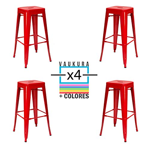 Vaukura Taburete Alto Tolix Pack 4 - Taburete Industrial Metálico Brillo (Rojo)