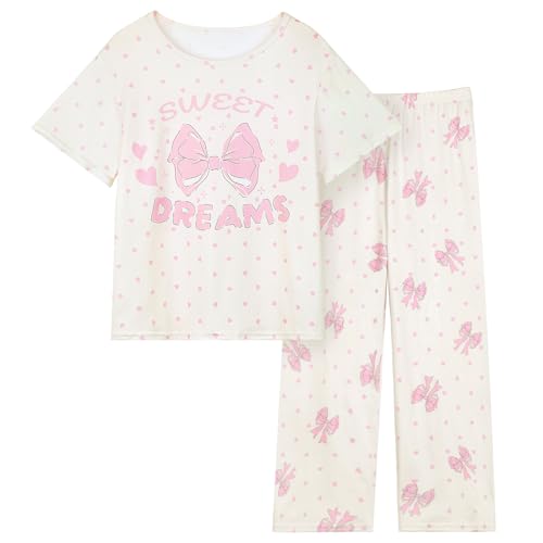 Image of FIOBEE Girls Pajamas Sets 2PCS Summer Pajama Sleepwear Kids Pjs Clothes Short Sleeve for Teen Girl Size 3-14