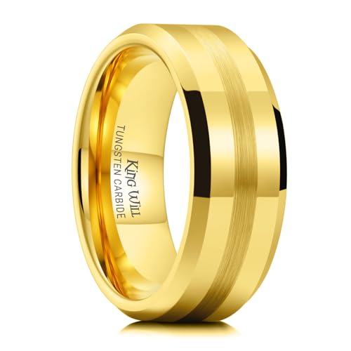 King Will 8mm Gold Tungsten Carbide Ring for Men Wedding Band Matte Brushed Polish Finish
