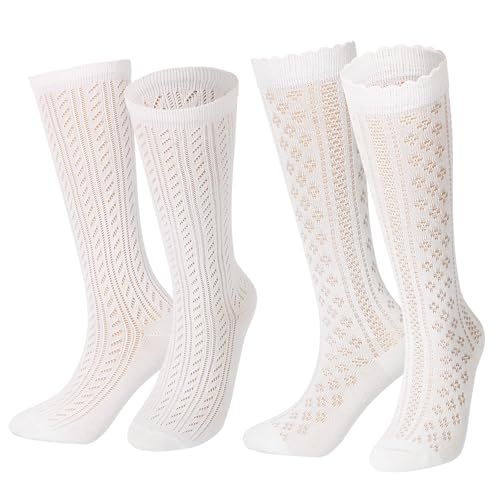 BOFUNX 2 pares meias brancas compridas com folhos meias até ao joelho meias princesa de algodão para mulheres meninas para saias