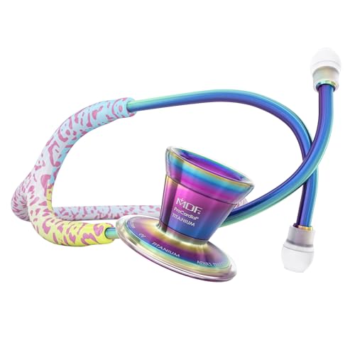 Image of MDF Instruments, Engravable - Rainbow Leopard Kaleidoscope ProCardial Cardiology Stethoscope, Lightweight Titanium, Adult, Dual Head, Rainbow Leopard Tube, Chestpiece-Headset, MDF797TRLKL-ENGRAVING