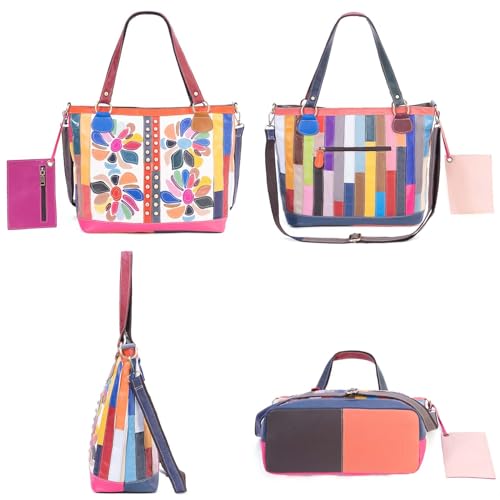 Image of Multicolored Floral Pattern Tote Handbags Leather Shoulder Crossbody Bags for Ladies Patchwork Colorful backpack